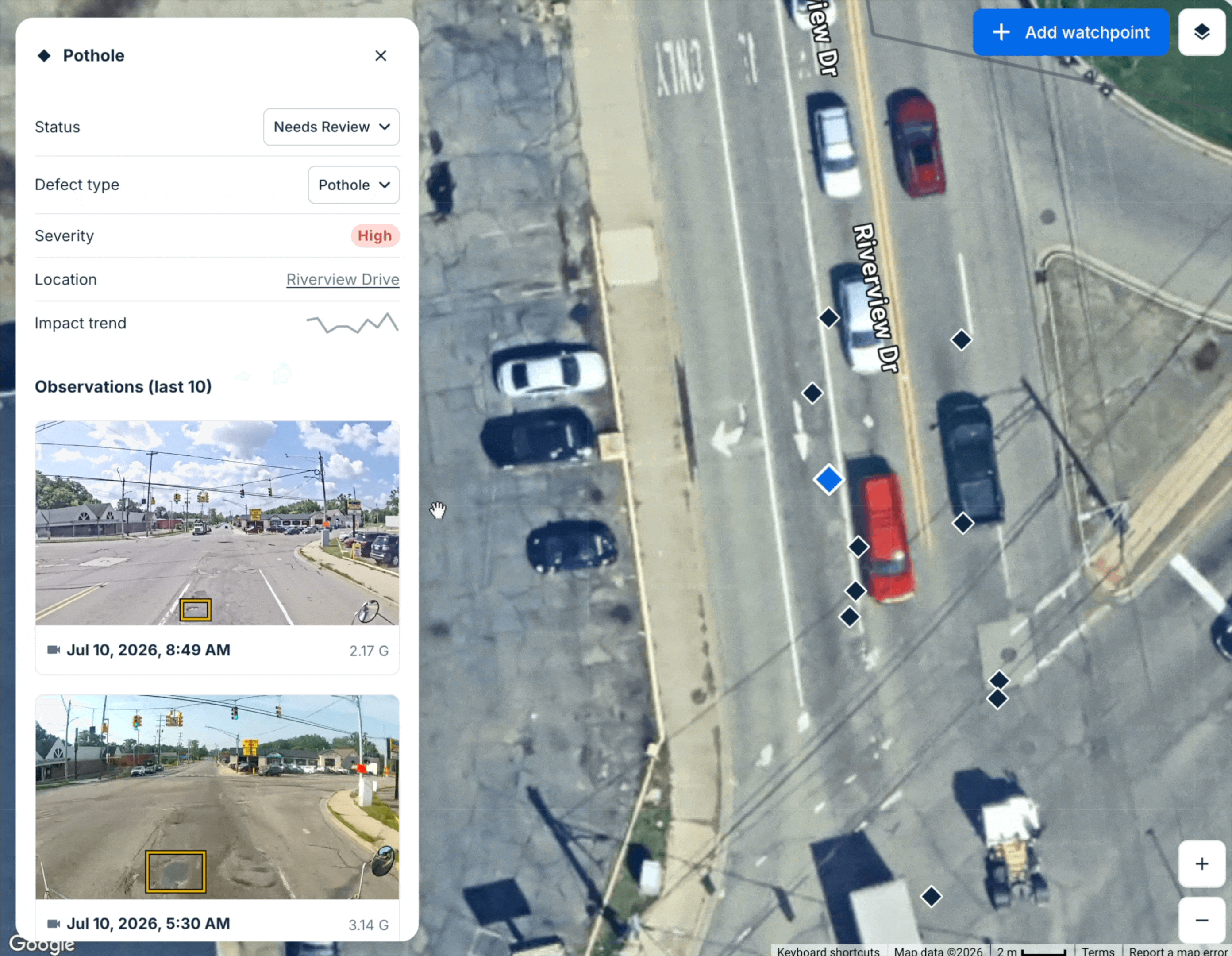 Pothole detail with dashcam observations beside a satellite map of a road highlighted by severity.